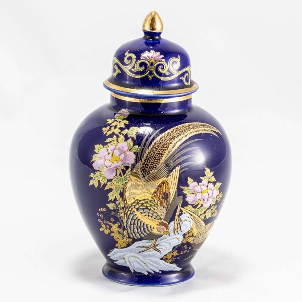 Vintage Ardco Japan Cobalt Blue Ginger Jar Gold Peacock Pheasant Floral 6”